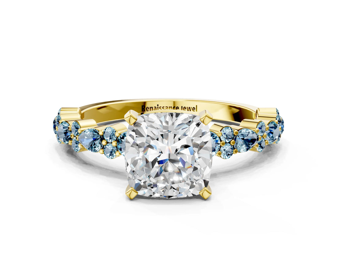 Yellow gold Cushion Cut Diamond Side Stone Solitaire Ring with Round with Aquamarine side stone and Four-Prong Setting