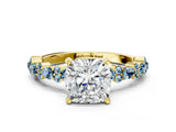 Yellow gold Cushion Cut Diamond Side Stone Solitaire Ring with Round with Aquamarine side stone and Four-Prong Setting