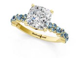 Yellow gold Cushion Cut Diamond Side Stone Solitaire Ring with Round with Aquamarine side stone and Four-Prong Setting_1