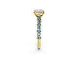Yellow gold Cushion Cut Diamond Side Stone Solitaire Ring with Round with Aquamarine side stone and Four-Prong Setting_2