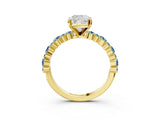 Yellow gold Cushion Cut Diamond Side Stone Solitaire Ring with Round with Aquamarine side stone and Four-Prong Setting_3