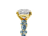 Yellow gold Cushion Cut Diamond Side Stone Solitaire Ring with Round with Aquamarine side stone and Four-Prong Setting_5