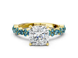 Yellow gold Cushion Cut Diamond Side Stone Solitaire Ring with Round with Blue Topaz side stone and Four-Prong Setting