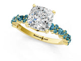 Yellow gold Cushion Cut Diamond Side Stone Solitaire Ring with Round with Blue Topaz side stone and Four-Prong Setting_1