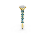 Yellow gold Cushion Cut Diamond Side Stone Solitaire Ring with Round with Blue Topaz side stone and Four-Prong Setting_2