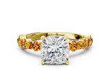 Yellow gold Cushion Cut Diamond Side Stone Solitaire Ring with Round with Citrine side stone and Four-Prong Setting