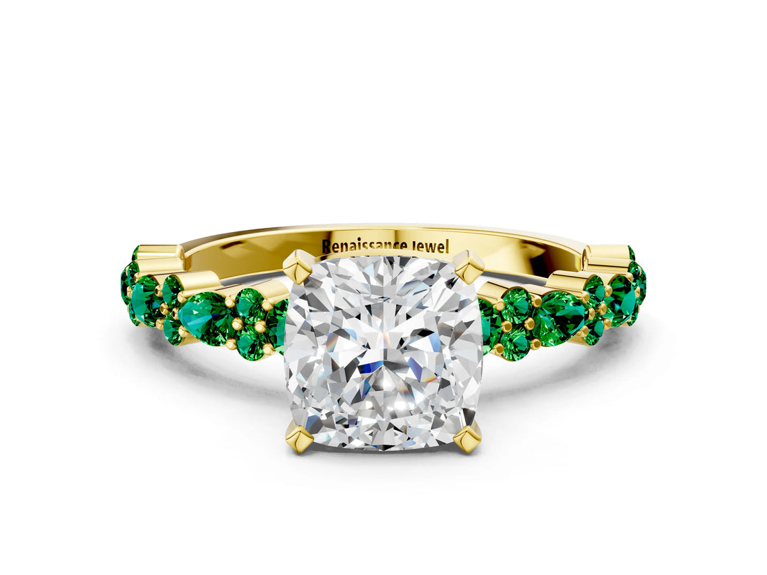 Yellow gold Cushion Cut Diamond Side Stone Solitaire Ring with Round with Emerald side stone and Four-Prong Setting