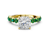 Yellow gold Cushion Cut Diamond Side Stone Solitaire Ring with Round with Emerald side stone and Four-Prong Setting