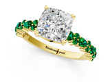 Yellow gold Cushion Cut Diamond Side Stone Solitaire Ring with Round with Emerald side stone and Four-Prong Setting_1