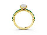 Yellow gold Cushion Cut Diamond Side Stone Solitaire Ring with Round with Emerald side stone and Four-Prong Setting_3