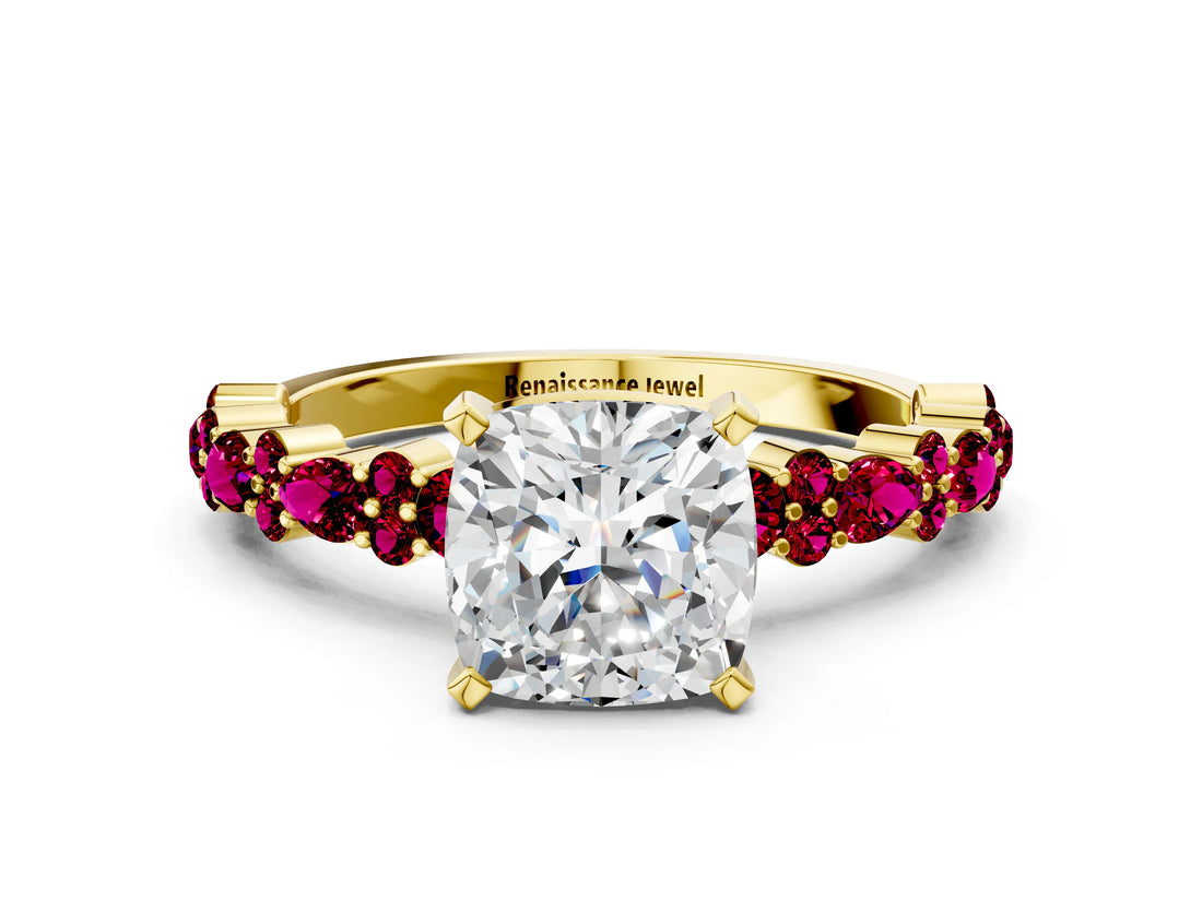 Yellow gold Cushion Cut Diamond Side Stone Solitaire Ring with Round with Garnet side stone and Four-Prong Setting