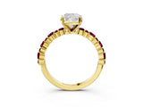 Yellow gold Cushion Cut Diamond Side Stone Solitaire Ring with Round with Garnet side stone and Four-Prong Setting_3