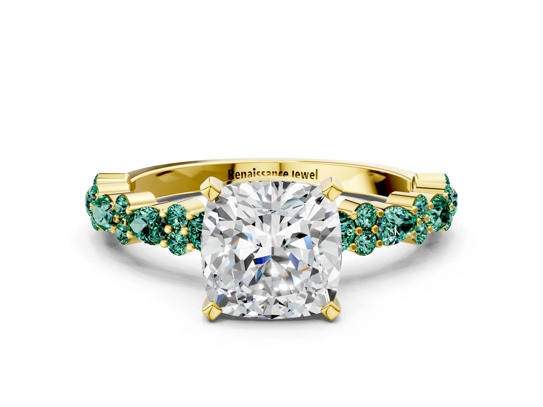 Yellow gold Cushion Cut Diamond Side Stone Solitaire Ring with Round with Green Sapphire side stone and Four-Prong Setting