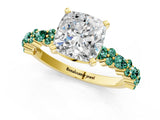 Yellow gold Cushion Cut Diamond Side Stone Solitaire Ring with Round with Green Sapphire side stone and Four-Prong Setting_1