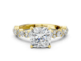 Yellow gold Cushion Cut Diamond Side Stone Solitaire Ring with Round with Moissanite side stone and Four-Prong Setting