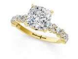 Yellow gold Cushion Cut Diamond Side Stone Solitaire Ring with Round with Moissanite side stone and Four-Prong Setting_1