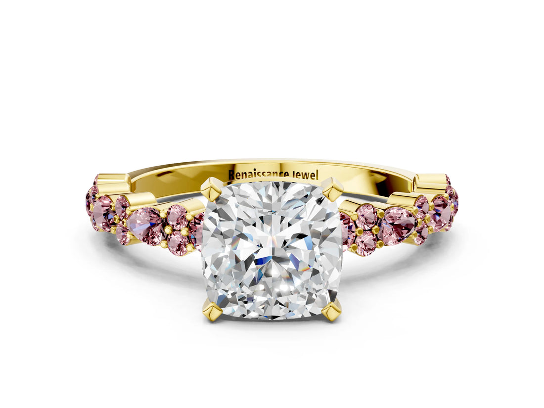 Yellow gold Cushion Cut Diamond Side Stone Solitaire Ring with Round with Morganite side stone and Four-Prong Setting