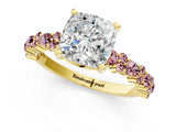 Yellow gold Cushion Cut Diamond Side Stone Solitaire Ring with Round with Morganite side stone and Four-Prong Setting_1