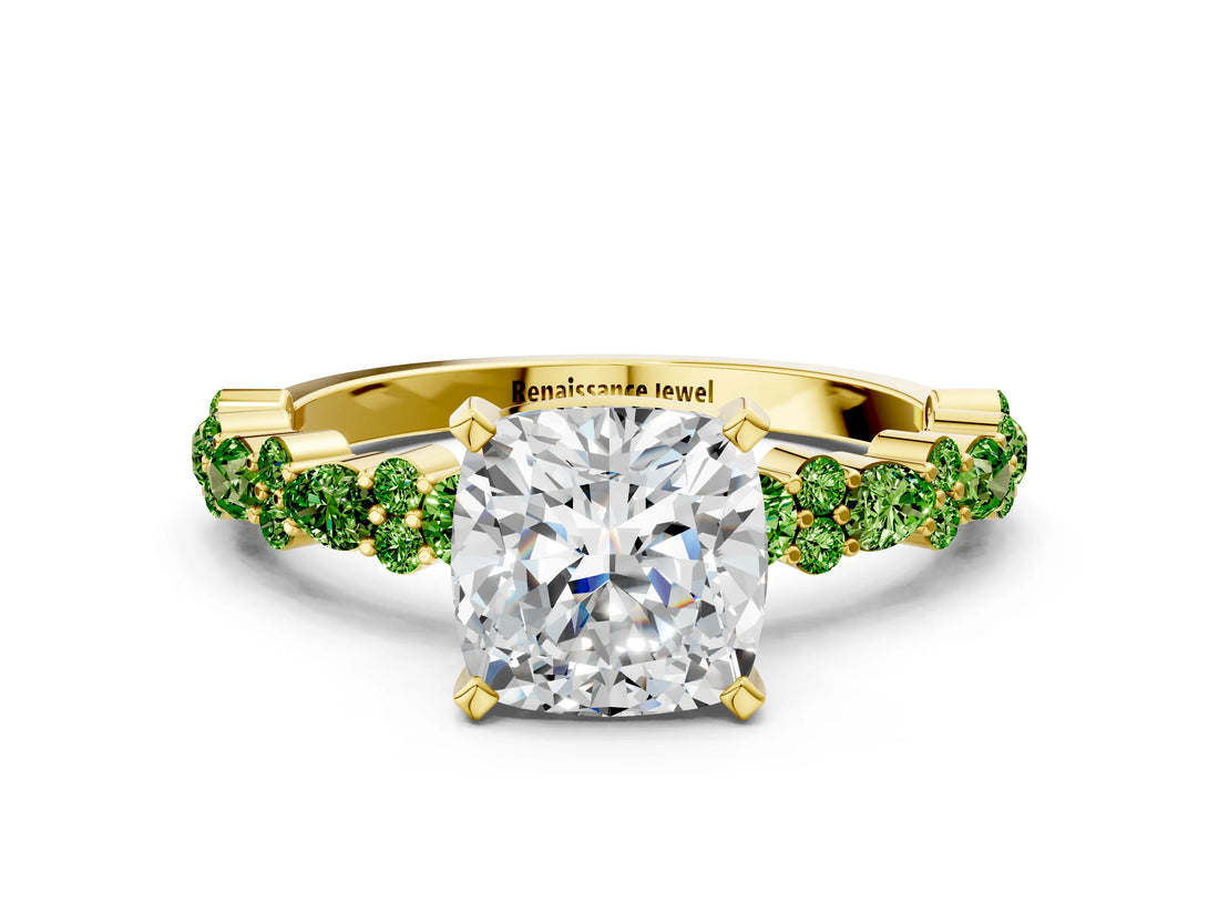 Yellow gold Cushion Cut Diamond Side Stone Solitaire Ring with Round with Peridot side stone and Four-Prong Setting
