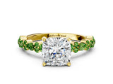 Yellow gold Cushion Cut Diamond Side Stone Solitaire Ring with Round with Peridot side stone and Four-Prong Setting