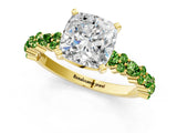 Yellow gold Cushion Cut Diamond Side Stone Solitaire Ring with Round with Peridot side stone and Four-Prong Setting_1