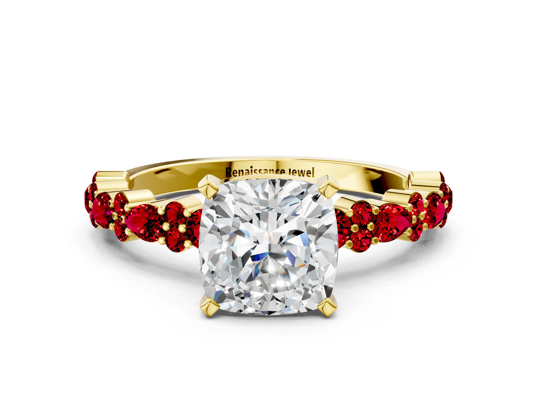 Yellow gold Cushion Cut Diamond Side Stone Solitaire Ring with Round with Ruby side stone and Four-Prong Setting