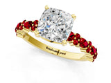 Yellow gold Cushion Cut Diamond Side Stone Solitaire Ring with Round with Ruby side stone and Four-Prong Setting_1