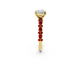 Yellow gold Cushion Cut Diamond Side Stone Solitaire Ring with Round with Ruby side stone and Four-Prong Setting_2