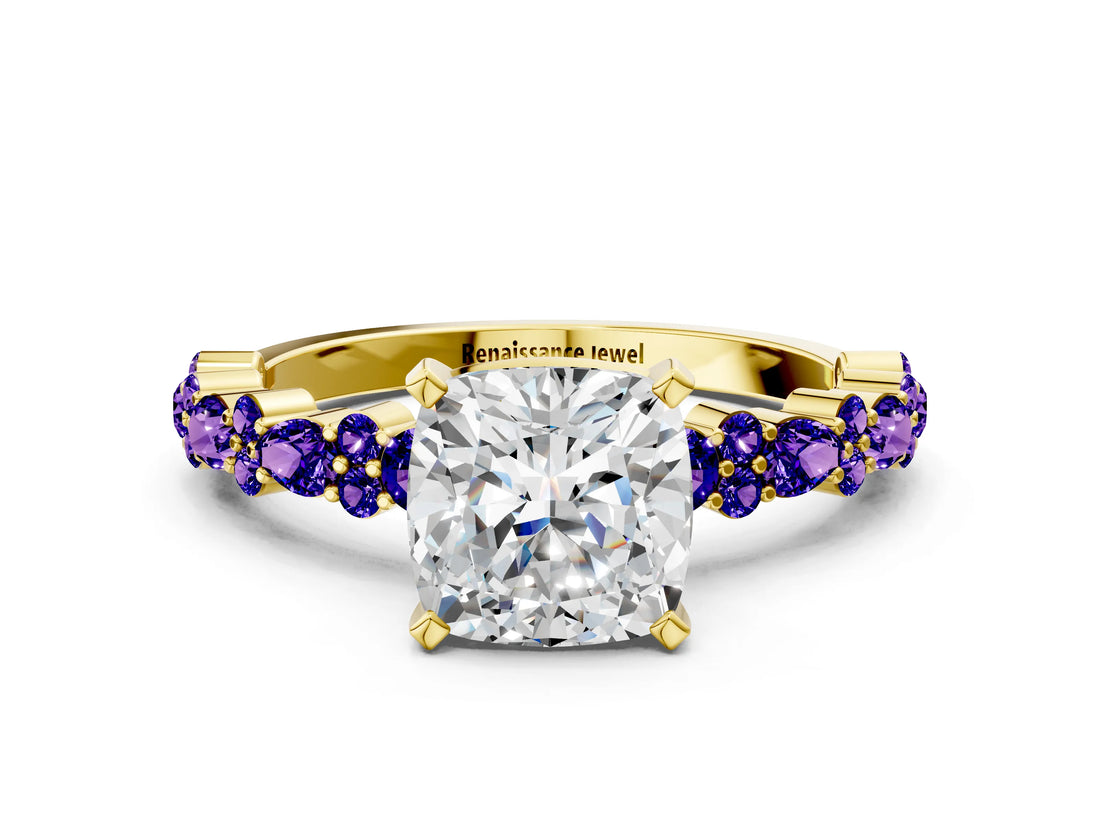 Yellow gold Cushion Cut Diamond Side Stone Solitaire Ring with Round with Tanzanite side stone and Four-Prong Setting