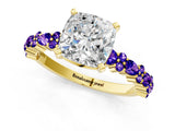 Yellow gold Cushion Cut Diamond Side Stone Solitaire Ring with Round with Tanzanite side stone and Four-Prong Setting_1