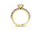 Yellow gold Cushion Cut Diamond Side Stone Solitaire Ring with Round with Tanzanite side stone and Four-Prong Setting_3