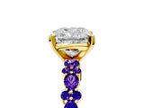Yellow gold Cushion Cut Diamond Side Stone Solitaire Ring with Round with Tanzanite side stone and Four-Prong Setting_5