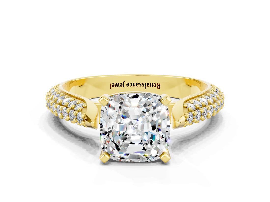 Yellow gold Cushion Cut Diamond Solitaire Engagement Ring with Pavé Band and Four-Prong Setting