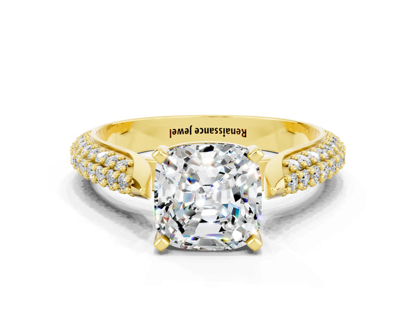 Yellow gold Cushion Cut Moissanite Solitaire Engagement Ring with Multi-Row Round Pavé Band and Prong Setting