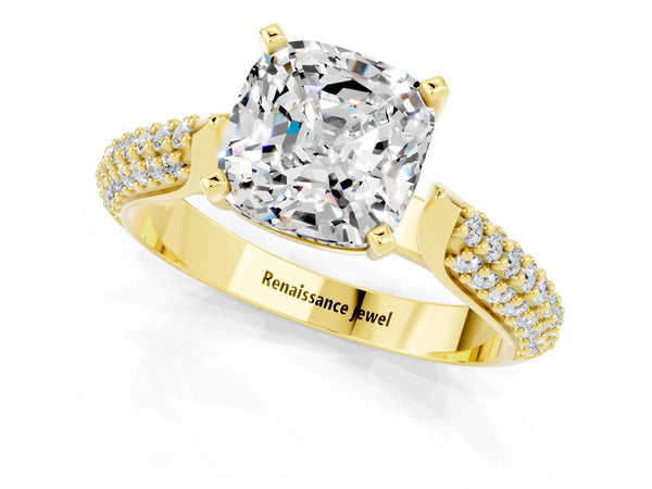Yellow gold Cushion Cut Moissanite Solitaire Engagement Ring with Multi-Row Round Pavé Band and Prong Setting