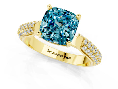 Yellow gold Cushion Cut Diamond Solitaire Engagement Ring with Pavé Band and Four-Prong Setting_1