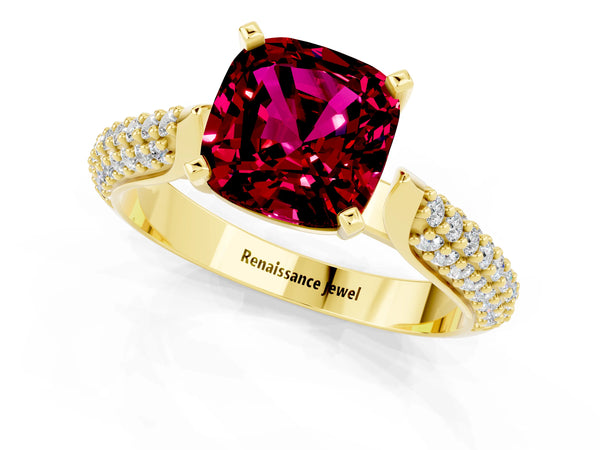 Yellow gold Cushion Cut Garnet Solitaire Engagement Ring with Multi-Row Round Pavé Band and Prong Setting