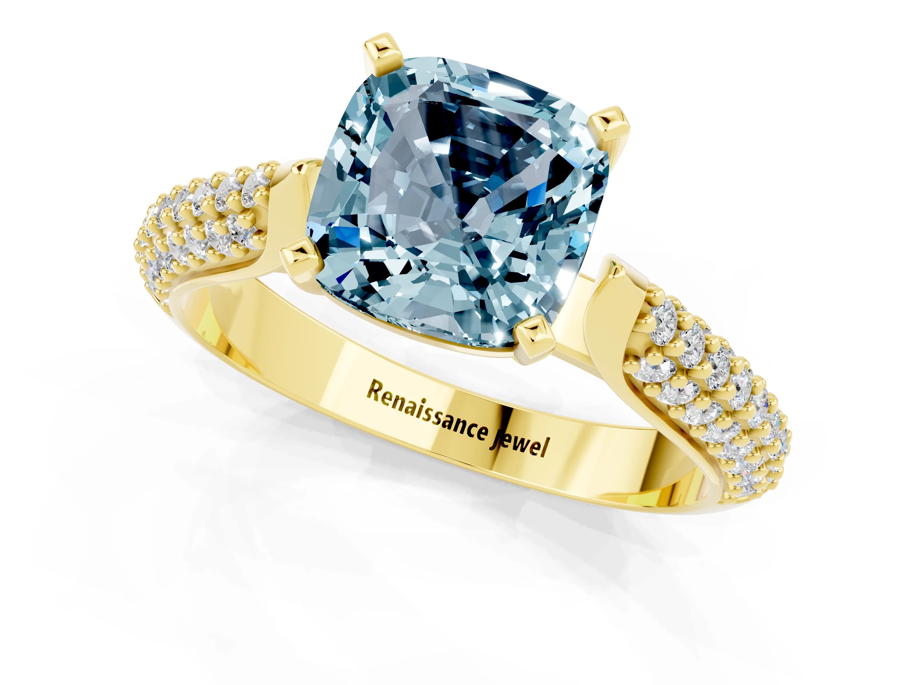 Yellow gold Cushion Cut Diamond Solitaire Engagement Ring with Pavé Band and Four-Prong Setting_1