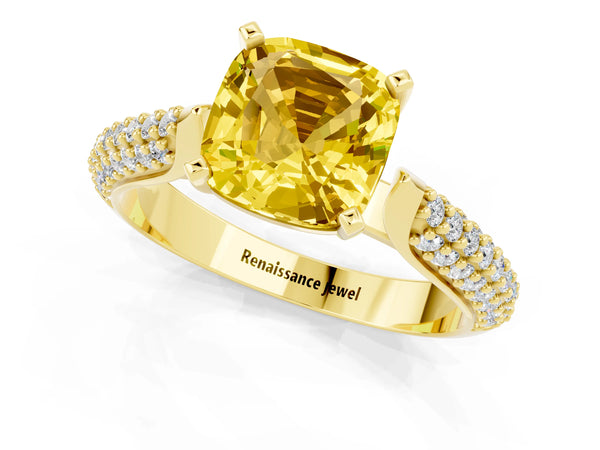 Yellow gold Cushion Cut Yellow Sapphire Solitaire Engagement Ring with Multi-Row Round Pavé Band and Prong Setting