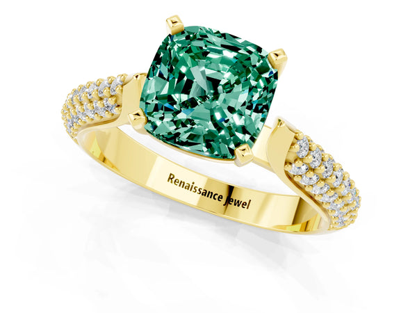 Yellow gold Cushion Cut Green Sapphire Solitaire Engagement Ring with Multi-Row Round Pavé Band and Prong Setting