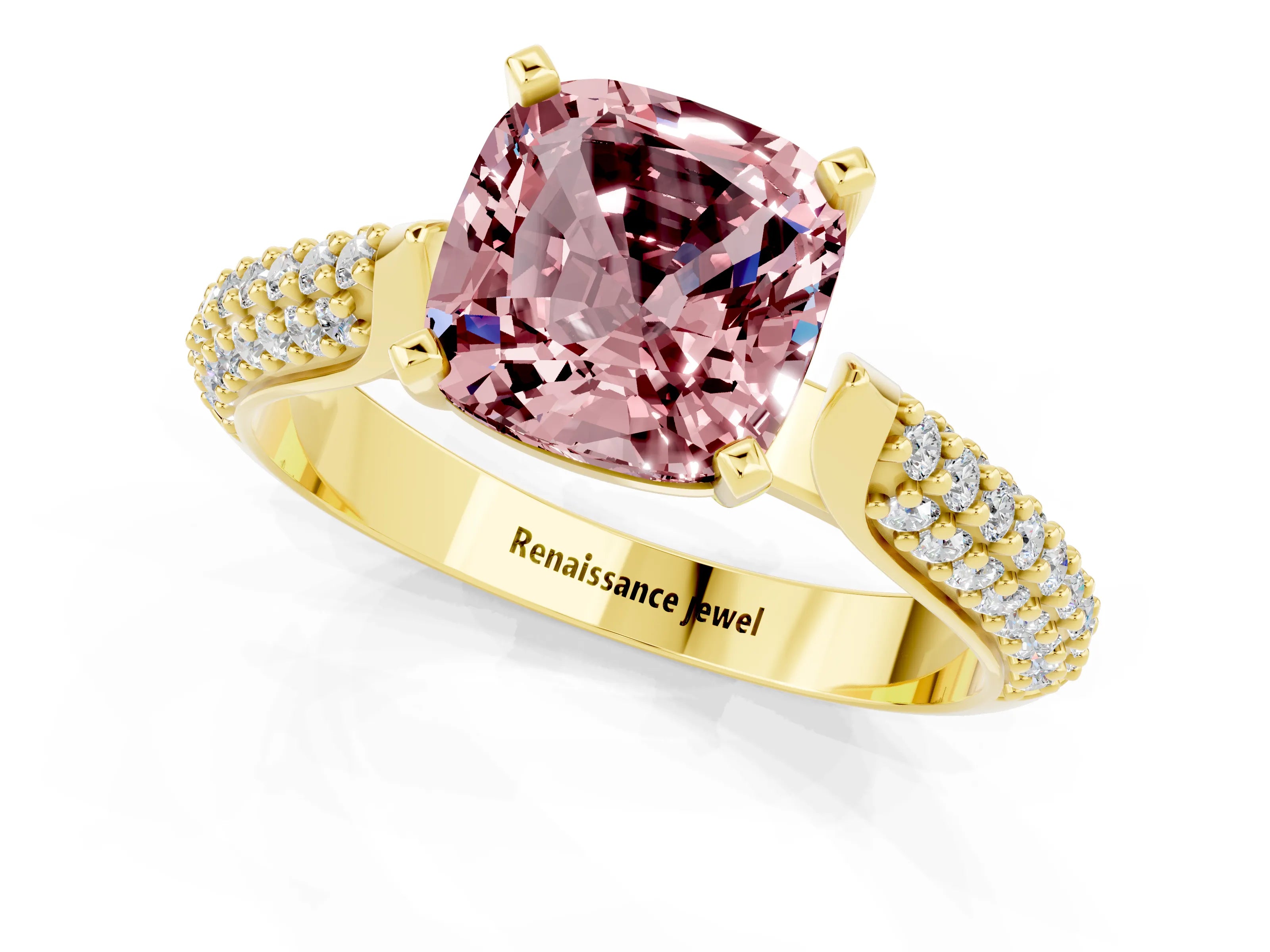 Yellow gold Cushion Cut Diamond Solitaire Engagement Ring with Pavé Band and Four-Prong Setting_1