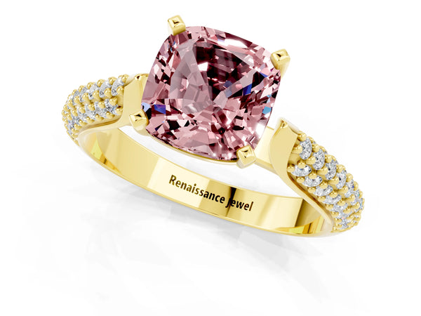 Yellow gold Cushion Cut Diamond Solitaire Engagement Ring with Pavé Band and Four-Prong Setting