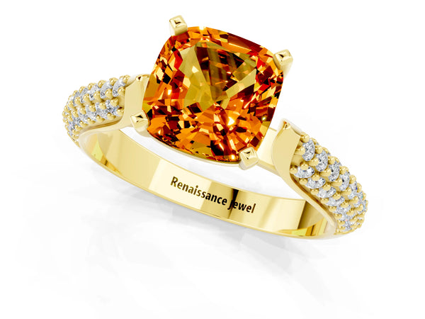 Yellow gold Cushion Cut Citrine Solitaire Engagement Ring with Multi-Row Round Pavé Band and Prong Setting