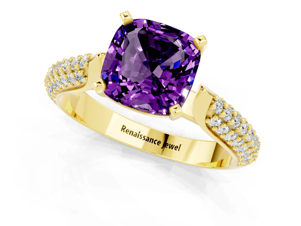 Yellow gold Cushion Cut Amethyst Solitaire Engagement Ring with Multi-Row Round Pavé Band and Prong Setting