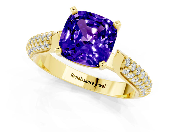 Yellow gold Cushion Cut Tanzanite Solitaire Engagement Ring with Multi-Row Round Pavé Band and Prong Setting