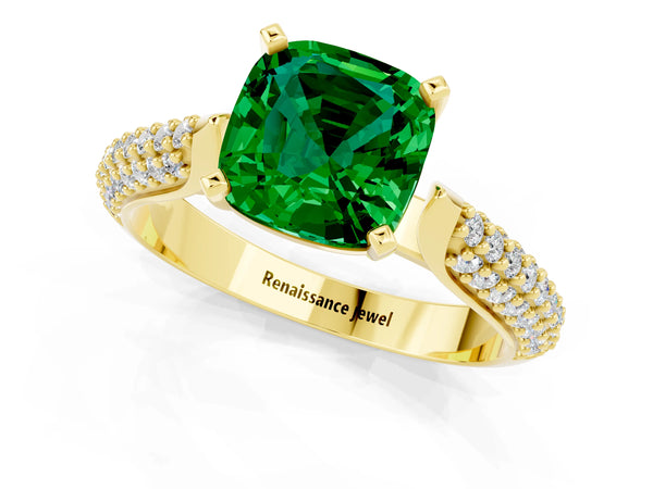 Yellow gold Cushion Cut Emerald Solitaire Engagement Ring with Multi-Row Round Pavé Band and Prong Setting