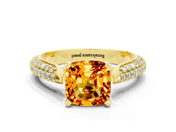 Yellow gold Cushion Cut Citrine Solitaire Engagement Ring with Multi-Row Round Pavé Band and Prong Setting