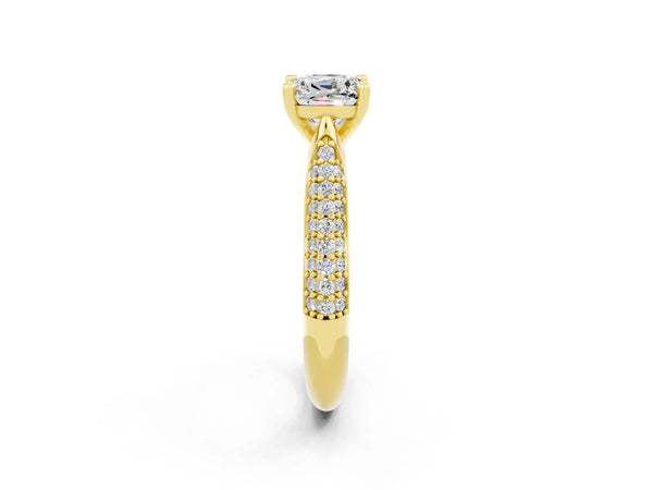Yellow gold Cushion Cut Moissanite Solitaire Engagement Ring with Multi-Row Round Pavé Band and Prong Setting