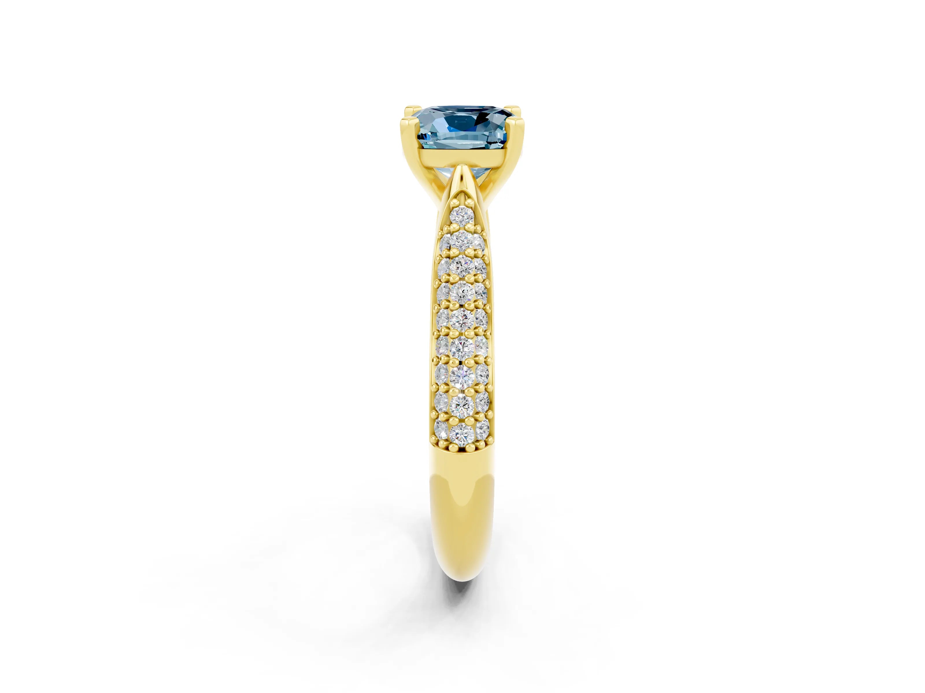 Yellow gold Cushion Cut Diamond Solitaire Engagement Ring with Pavé Band and Four-Prong Setting_2