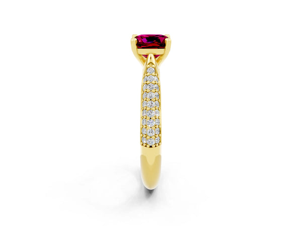 Yellow gold Cushion Cut Garnet Solitaire Engagement Ring with Multi-Row Round Pavé Band and Prong Setting